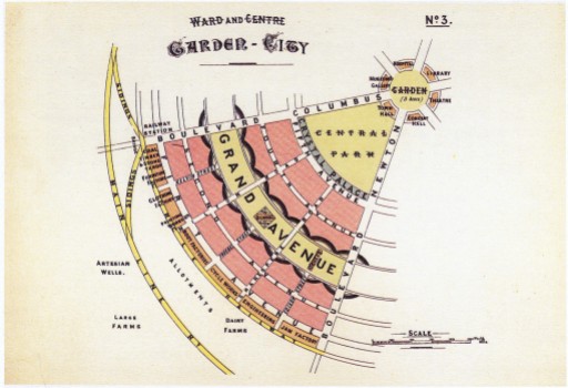 A single ward of the Garden City, showing the series of avenues and gardens that make up the rings of the city. Source: Garden Cities of To-Morrow, Ebenezer Howard