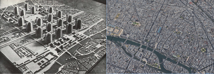 A model of Plan Voisin (Amber Case on Flickr), compared to the area as it appears today (Google Maps).