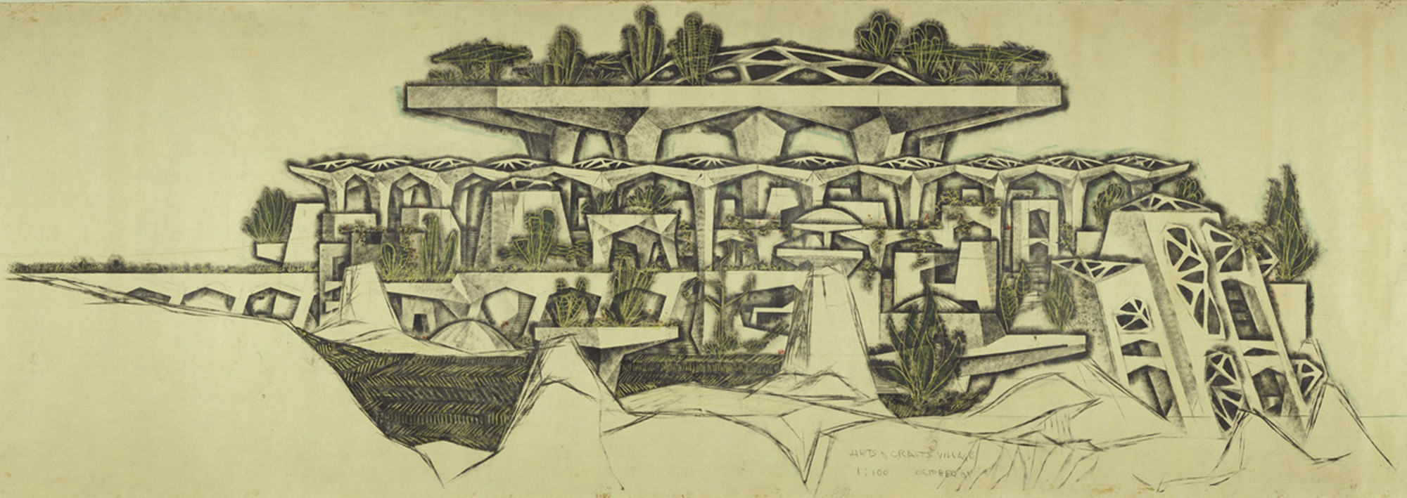 Detail of the market of Mesa City, as designed by Paolo Soleri, 1961. Credit: Cosanti Foundation/Soleri Archives/David DeGomez